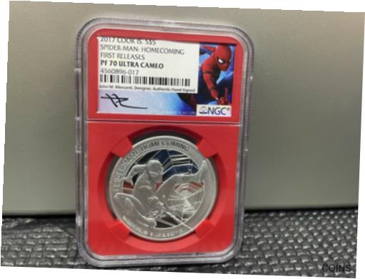 【極美品/品質保証書付】 アンティークコイン コイン 金貨 銀貨 送料無料 2017 Cook Islands Marvel Spider Man Homecoming NGC PF70 MERCANTI FIRST RELEASES