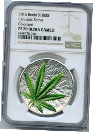 【極美品/品質保証書付】 アンティークコイン コイン 金貨 銀貨 [送料無料] 2016 Benin Cannabis Sativa Marijuana Plant 1 Oz Silver Proof S100F Coin - JN298