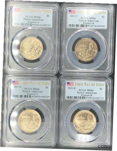 yɔi/iۏ؏tz AeB[NRC RC   [] FIRST DAY OF ISSUE 2022 P D Sacagawea Ely S. Dollar 4 Coins PCGS MS66 Pos. A & B