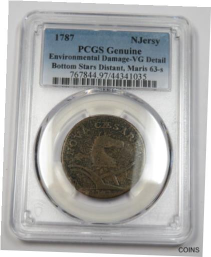 【極美品/品質保証書付】 アンティークコイン コイン 金貨 銀貨 送料無料 1787 PCGS VG Detail New Jersey Colonial Bottom Stars Maris 63-S Coin 33477A