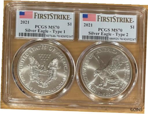  アンティークコイン コイン 金貨 銀貨  2021 $1 Silver Eagle 2-coin Set PCGS FIRST STRIKE MS70 Dual Encapsulation!!