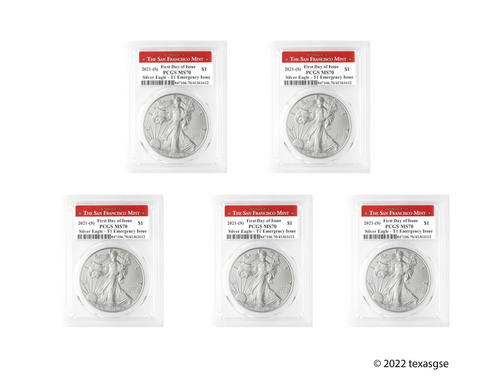 yɔi/iۏ؏tz AeB[NRC RC   [] 2021 T1 Silver American Eagle FDI SF Emer Issue PCGS MS70 Red SF Label Lot of 5