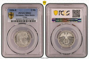 ナチス コイン - PCGS MS61 1936-E 2 Mk ライヒスマルク ヒンデンブルク J-366 シルバー ドイツ WW2Nazi Coin - PCGS MS61 1936-E 2 Mk Reichsmark Hindenburg J-366 Silver Germany WW2