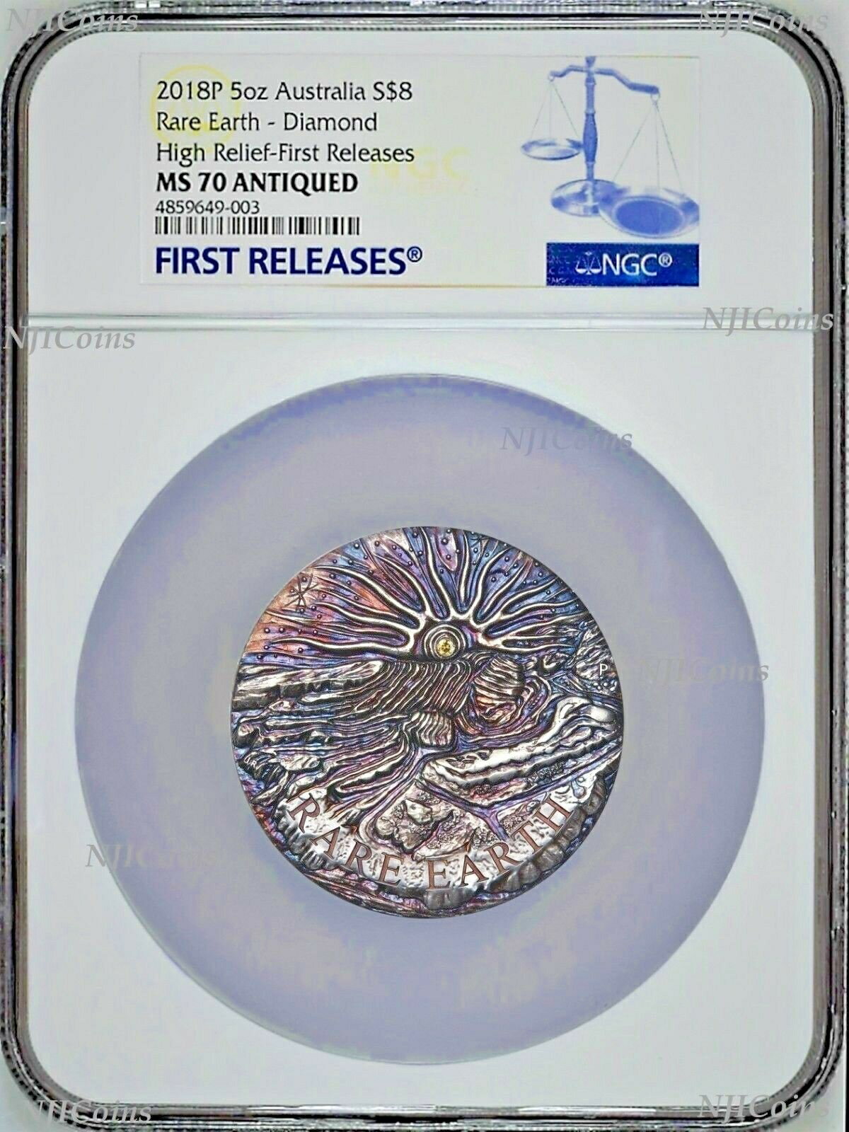 yɔi/iۏ؏tz AeB[NRC RC   [] Rare Earth 2018 5oz Silver High Relief Patina golden diamond $8 Coin NGC MS70 FR