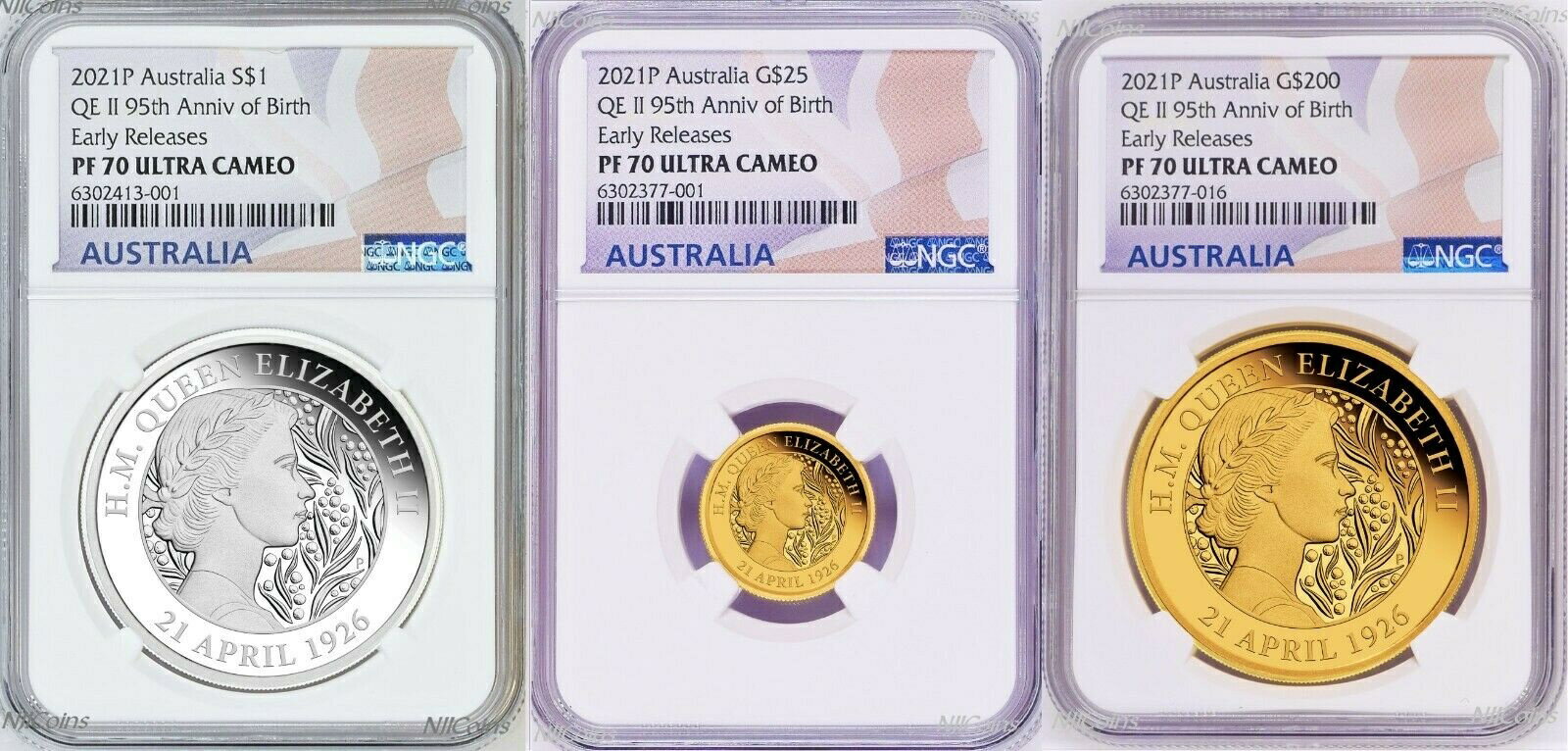 【極美品/品質保証書付】 アンティークコイン 2021 QUEEN ELIZABETH 95th Birthday Silver+GOLD 3-Coin Set $1/$25/$200 NGC PF70 [送料無料] #cct-wr-011201-16839