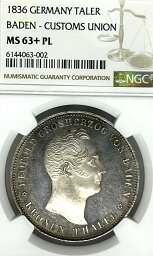 【極美品/品質保証書付】 アンティークコイン 硬貨 German State Baden 1836 Taler Coin Custom Union NGC MS 63+ PL STG as PP PROOF [送料無料] #oct-wr-011201-18369