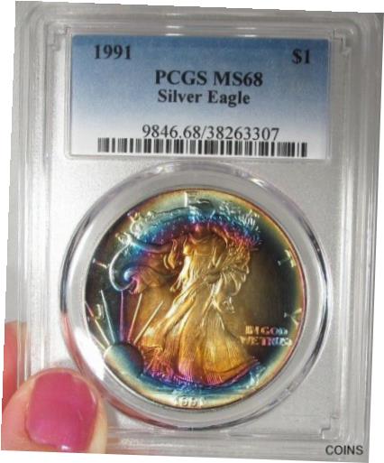 【極美品/品質保証書付】 アンティークコイン 銀貨 1991 Silver Eagle Eclipse Rainbow Toned PCGS MS68 Coin AK1 [送料無料] #sct-wr-011201-2041