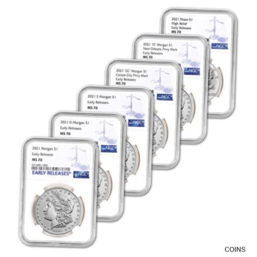 【極美品/品質保証書付】 アンティークコイン 銀貨 2021 US Six Coin Morgan and Peace Silver Dollar Set - NGC MS70 Early Releases [送料無料] #sct-wr-011201-3877