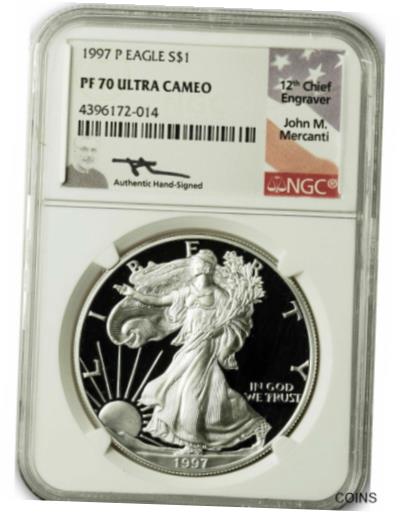【極美品/品質保証書付】 アンティークコイン 銀貨 1997-P $1 Proof Silver Eagle NGC PF70 Ultra Cameo John Mercanti Signed [送料無料] #sot-wr-011201-4449