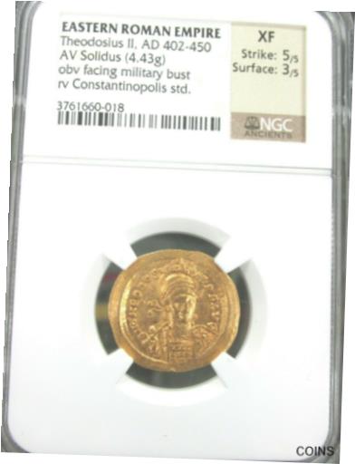 【極美品/品質保証書付】 アンティークコイン コイン 金貨 銀貨 [送料無料] Eastern Roman Theodosius II AV Solidus Gold Coin 402 AD NGC XF V06