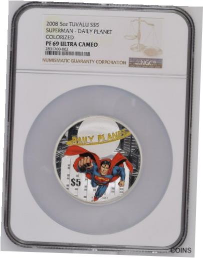 【極美品/品質保証書付】 アンティークコイン 銀貨 2008 Tuvalu Silver $5 - Superman - Daily Planet - PF 69 UC - NGC Coin - POP=3 !! [送料無料] #sct-wr-011201-11263