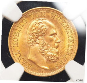 1877 年、ヴュルテンベルク王国、チャールズ 1 世。美しい金の 5 マルク コイン。 NGC MS-64!1877, Kingdom of Wurttemberg, Charles I. Beautiful Gold 5 Mark Coin. NGC MS-64!