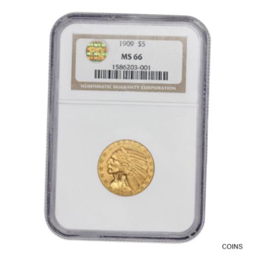 【極美品/品質保証書付】 アンティークコイン 金貨 1909 $5 Indian Head NGC MS66 PQ Approved gem graded Gold Half Eagle coin [送料無料] #gct-wr-011201-8587