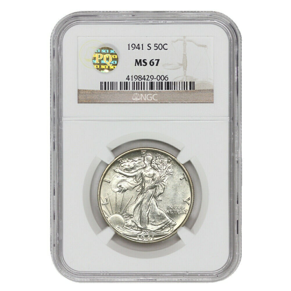 【極美品/品質保証書付】 アンティークコイン 銀貨 1941-S 50c Walking Liberty NGC MS67 KEY DATE Silver Half Dollar PQ Approved coin [送料無料] #sct-wr-011201-12059