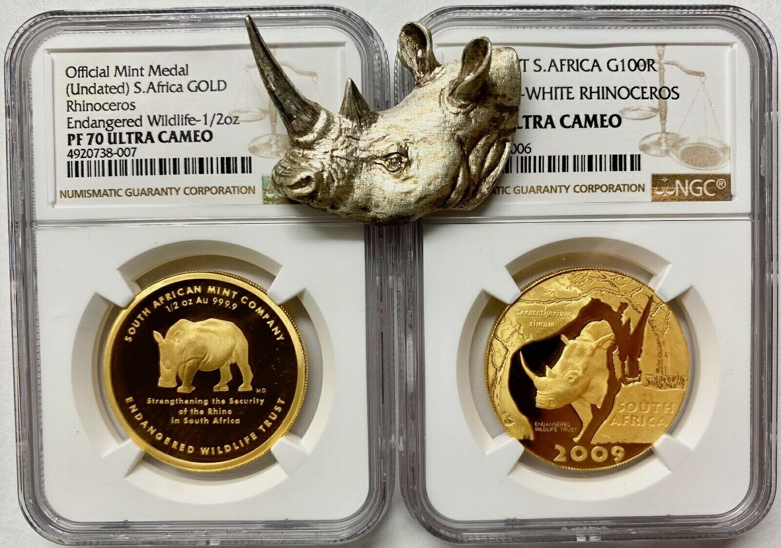 【極美品/品質保証書付】 アンティークコイン 金貨 2009 South Africa 1.5 oz Gold 100 Rand Natura White Rhinoceros Set NGC PF-70/68 [送料無料] #got-wr-011201-13230