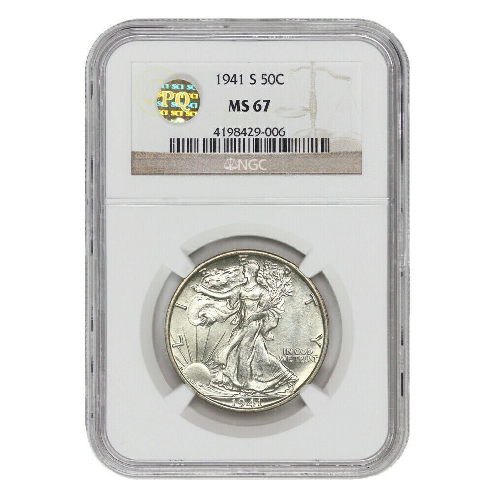 【極美品/品質保証書付】 アンティークコイン 銀貨 1941-S 50c Walking Liberty NGC MS67 KEY DATE Silver Half Dollar PQ Approved coin [送料無料] #sct-wr-011201-13287