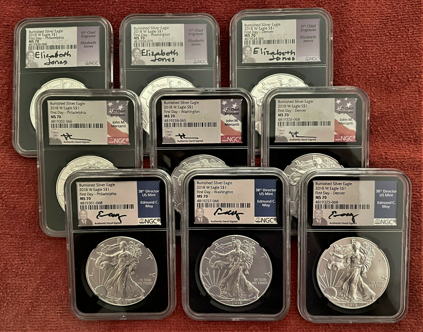 yɔi/iۏ؏tz AeB[NRC RC   [] 2018-W BURNISHED SILV EAG 9-PC SET NGC MS70 FDI MERCAN/JONES/MOY LOCATION LABELS