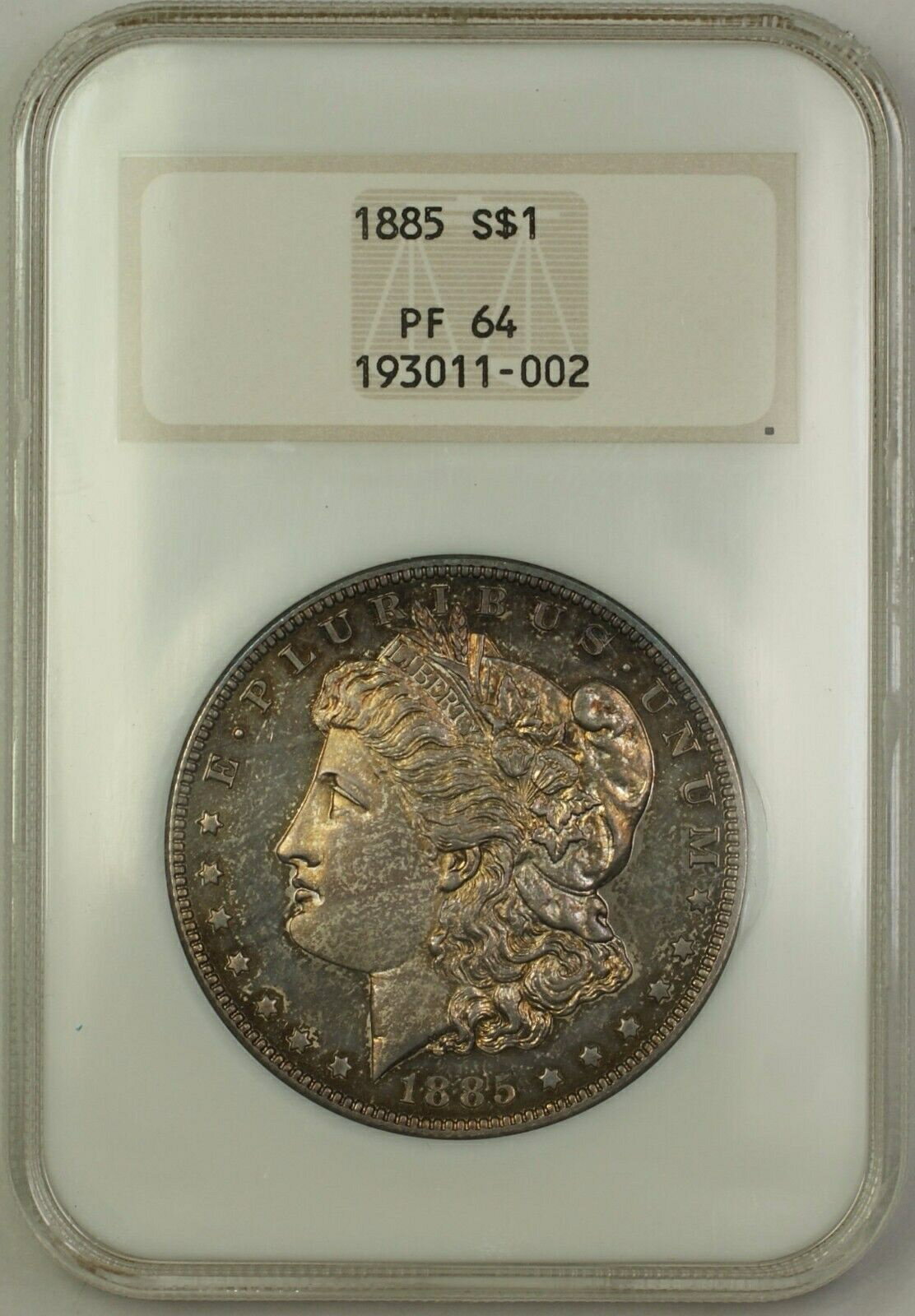 【極美品/品質保証書付】 アンティークコイン 銀貨 1885 Proof Morgan Silver Dollar $1 Old NGC Holder PF-64 Toned (Better Coin) [送料無料] #sct-wr-011201-15343
