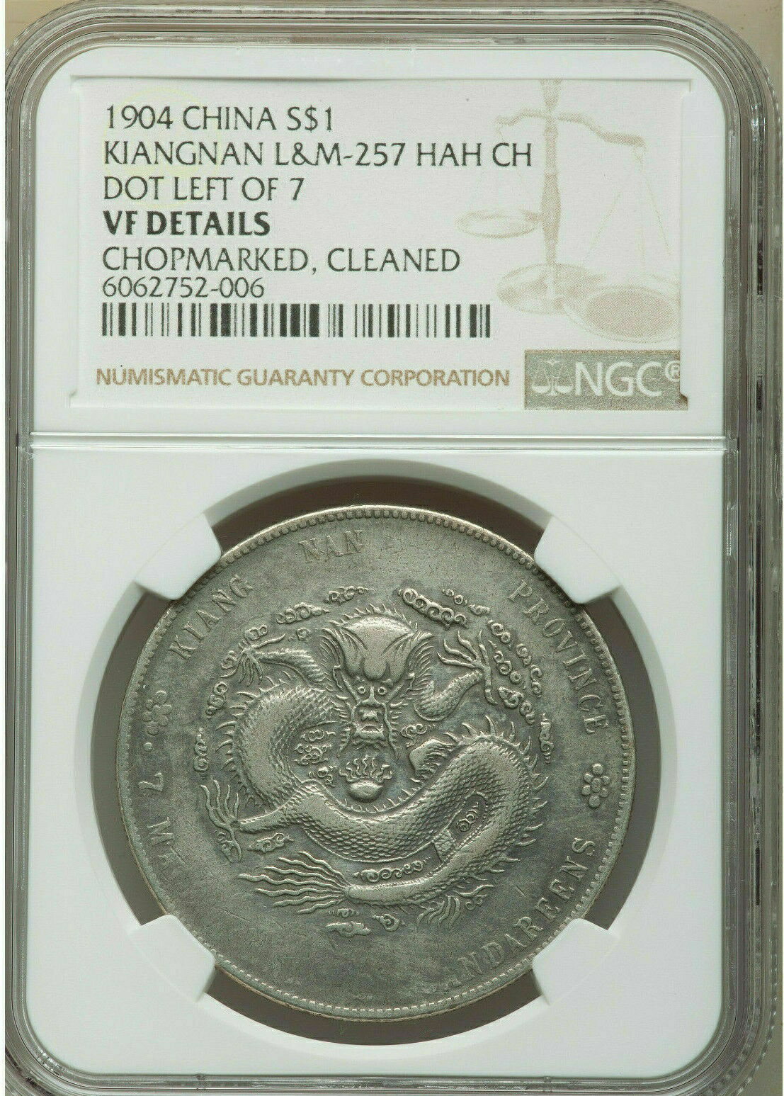 【極美品/品質保証書付】 アンティークコイン コイン 金貨 銀貨 [送料無料] CHINA Silver Coin Dragon Kiangnan 1904 $1 dollar NGC VF HAH CH 江南省造 光緒元寶 甲辰