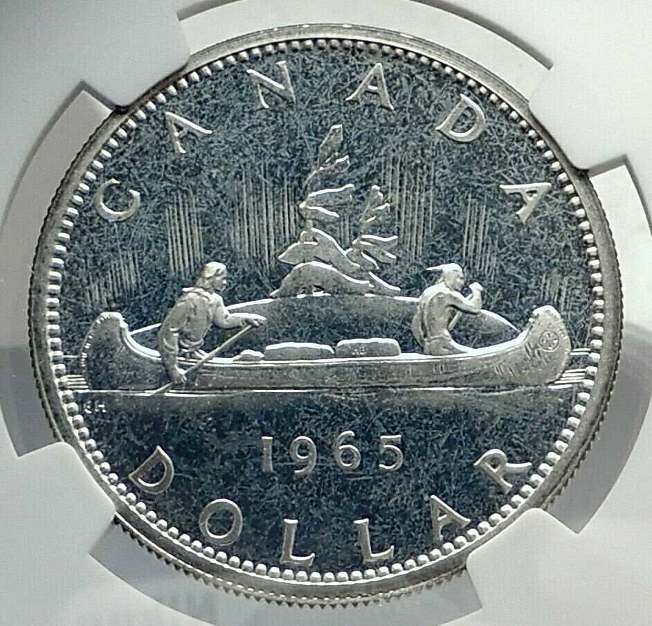 【極美品/品質保証書付】 アンティークコイン コイン 金貨 銀貨 送料無料 1965 CANADA UK Queen Elizabeth II Canoe Large Silver Dollar Coin NGC i77270