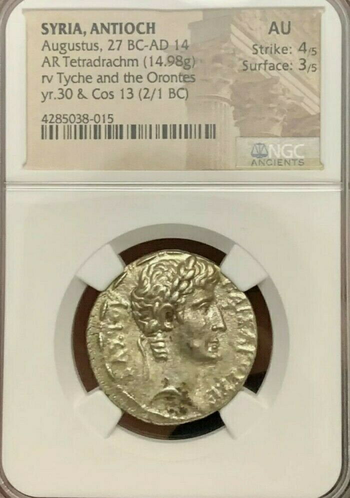 yɔi/iۏ؏tz AeB[NRC RC   [] Syria, Antioch AUGUSTUS Tetradrachm NGC AU Ancient Roman Coin Silver