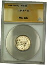 yɔi/iۏ؏tz AeB[NRC RC   [] 1943-P U.S. Wartime Silver Jefferson Nickel 5c Coin ANACS MS-66 (F)
