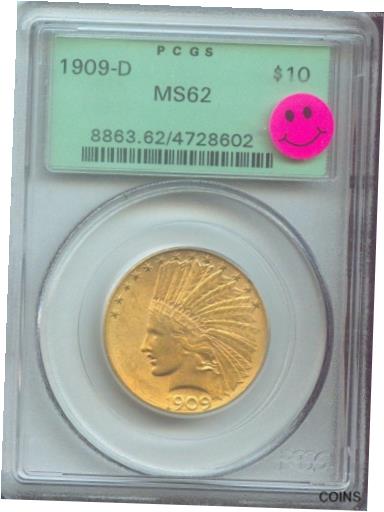 【極美品/品質保証書付】 アンティークコイン 硬貨 1909-D $10 INDIAN EAGLE PCGS MS62 Premium Quality P.Q. OGH OLD Green Holder [送料無料] #oot-wr-011764-280