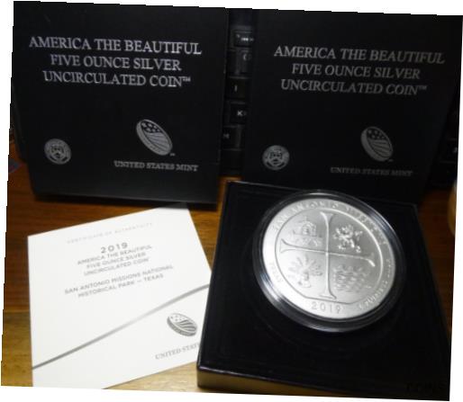 【極美品/品質保証書付】 アンティークコイン コイン 金貨 銀貨 [送料無料] 2019-P ATB San Antonio Missions - Texas 5oz .999 Silver, w/OGP & COA