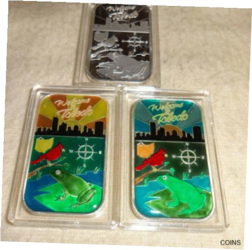 ڶ/ʼݾڽա ƥ    [̵] .999 Silver WELCOME TO TOLEDO OHIO 3 Bar Enamel Set CMG Mint Cardinal Frog Glass