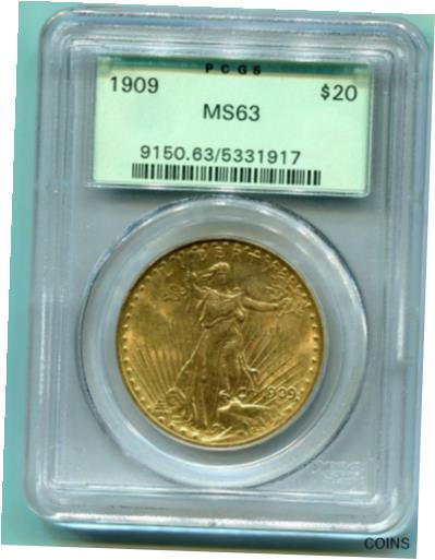 【極美品/品質保証書付】 アンティークコイン 硬貨 1909 (1909-P) $20 ST GAUDENS Double Eagle PCGS MS63 SAINT OLD GREEN HOLDER OGH [送料無料] #oot-wr-011926-2678