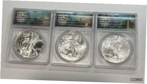  アンティークコイン コイン 金貨 銀貨  2017-P,S,W Silver Eagle $1 ANACS MS70 Complete mint set