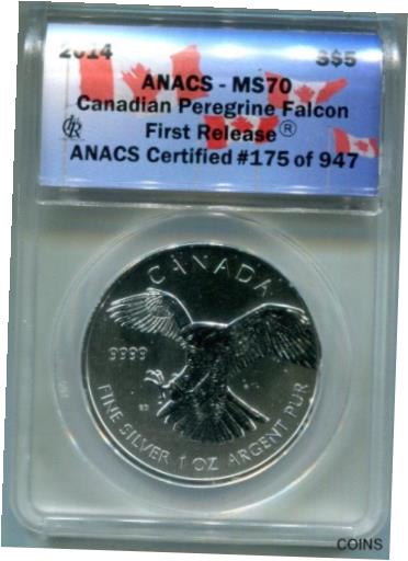 【極美品/品質保証書付】 アンティークコイン コイン 金貨 銀貨 [送料無料] ANACS-MS70 First Release 2014 1-Ounce Silver Canada Peregrine Falcon $5 Coin