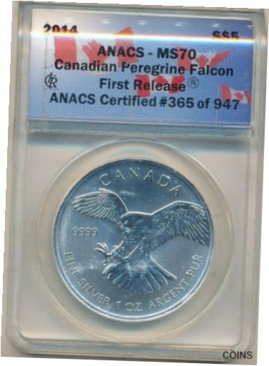 【極美品/品質保証書付】 アンティークコイン 銀貨 2014 CANADIAN PEREGRINE FALCON SILVER 1 OZ COIN-ANACS MS70 #365 OF 947-FREE S/H! [送料無料] #scf-wr-012095-2871