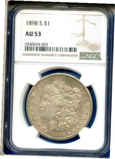 1898 S NGC AU53 モーガン シルバー ダラー $1 US ミント レア デイト NGC 1898-S AU-531898 S NGC AU53 Morgan Silver Dollar $1 US Mint Rare Date NGC 1898-S AU-53