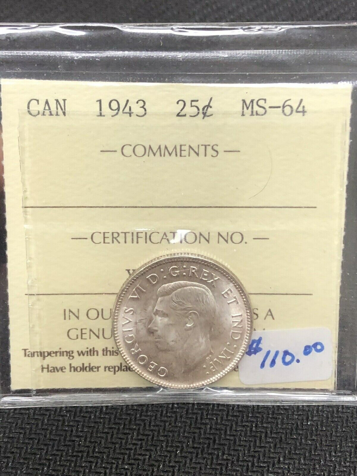 ڶ/ʼݾڽա ƥ    [̵] 1943 Canada Twenty-Five Cents - ICCS MS-64 Cert# XHN 657