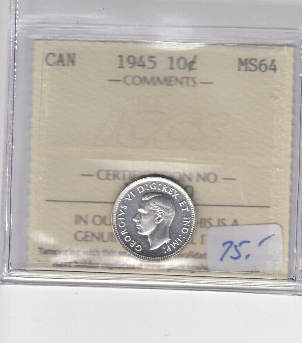 【極美品/品質保証書付】 アンティークコイン コイン 金貨 銀貨 [送料無料] 1945 Canada Ten Cents - ICCS MS64 - Cert#XQQ 100