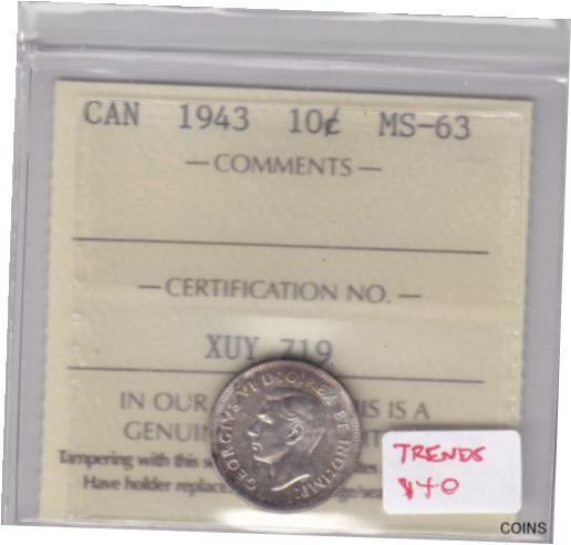 ڶ/ʼݾڽա ƥ    [̵] 1943 CANADIAN 10 CENT COIN ICCS MS-63