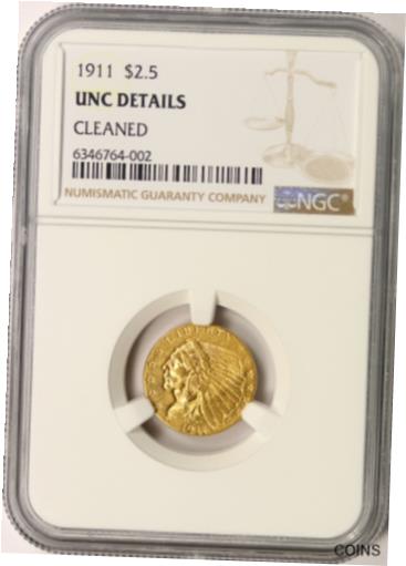 【極美品/品質保証書付】 アンティークコイン コイン 金貨 銀貨 [送料無料] 1911 Gold $2.5 Indian NGC Unc Details - Cleaned