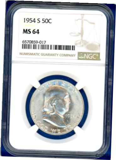 1954 S NGC MS64 フランクリン ハーフダラー 50c 米国銀造幣局 1954-S MS-64 PQ コイン!1954 S NGC MS64 Franklin Half Dollar 50c US Silver Mint 1954-S MS-64 PQ Coin !