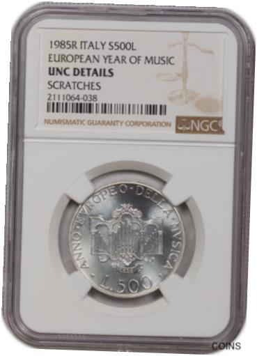  アンティークコイン コイン 金貨 銀貨  1985-R ITALY SILVER YEAR OF MUSIC S500L LIRE NGC UNC DETAILS SCRATCHES