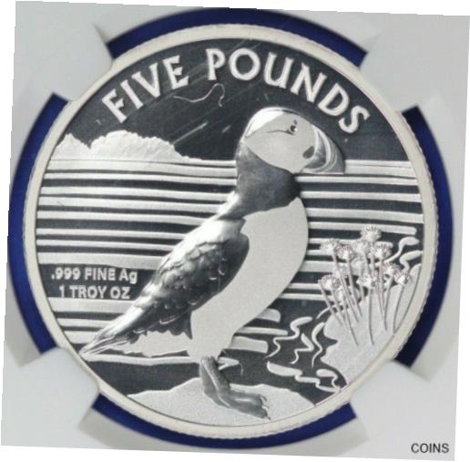 2019 アルダニー シルバー ?5 パフィン NGC ミント エラー MS68 リバース ストライク スルー CR0153/LN2019 Alderney Silver ?5 Puffin NGC Mint Error MS68 Reverse Strike Thru CR0153/LN