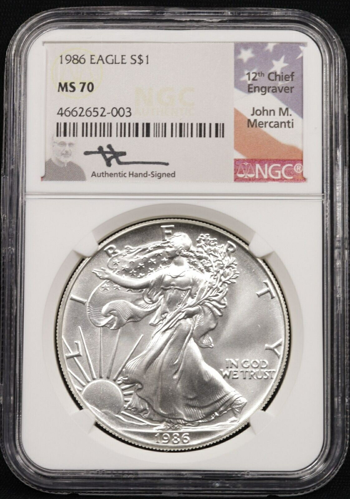 【極美品/品質保証書付】 アンティークコイン 銀貨 NGC 1986 Silver Eagle MS70 John Mercanti Signed #4662652-003 [送料無料] #sot-wr-012156-160