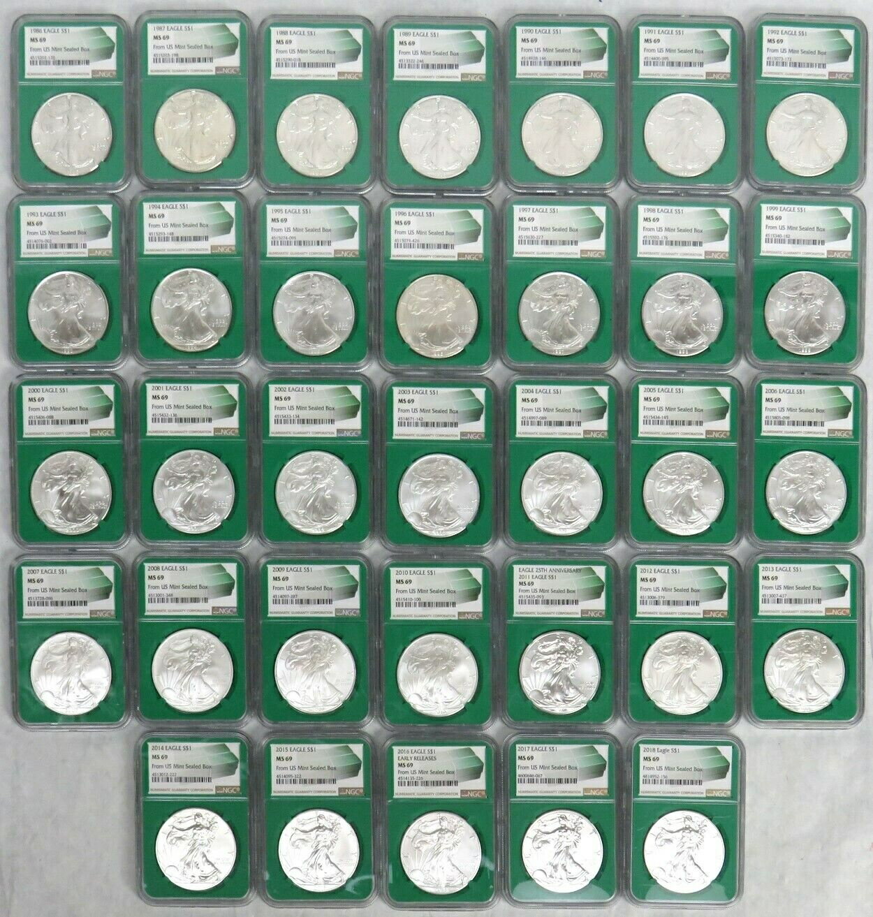 ڶ/ʼݾڽա ƥ  1986- 2018 AMERICAN SILVER $1 EAGLES SEALED MINT CASE 33 COIN SET NGC MS 69 [̵] #sct-wr-012156-73