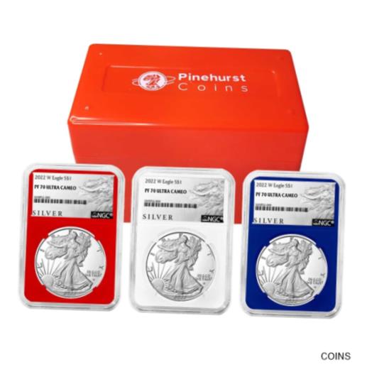  アンティークコイン コイン 金貨 銀貨  2022-W Proof $1 American Silver Eagle 3pc Set NGC PF70UC ALS Label Red White Blu