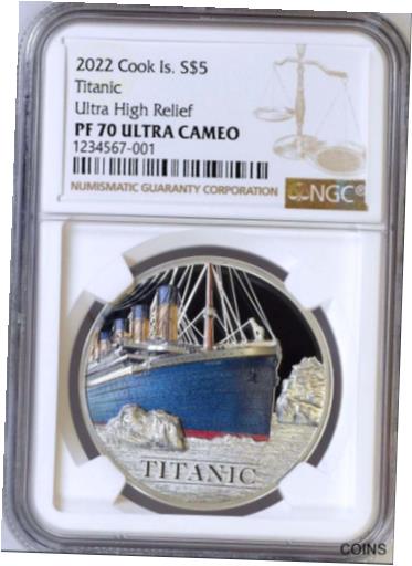  アンティークコイン コイン 金貨 銀貨  2022 Titanic 1oz Proof Silver Colorized $5 Coin Cook Island NGC PF70 High Relief