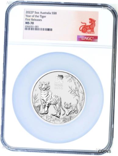  アンティークコイン コイン 金貨 銀貨  2022P Australia Silver Lunar Year of the Tiger 5oz $8 Coin NGC MS70 FR