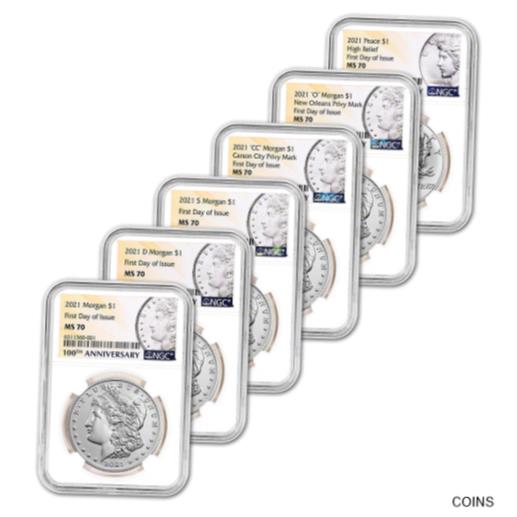 【極美品/品質保証書付】 アンティークコイン 銀貨 2021 US Six Coin Morgan and Peace Silver Dollar Set - NGC MS70 First Day Issue [送料無料] #sct-wr-012168-128