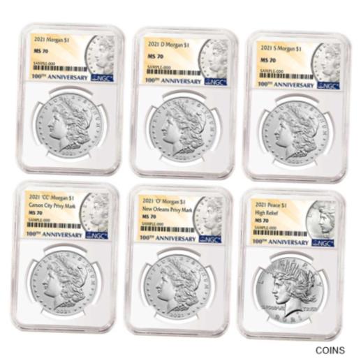 【極美品/品質保証書付】 アンティークコイン 銀貨 2021 $1 Morgan and Peace Silver Dollar 6pc Set NGC MS70 100th Anni. Label [送料無料] #sot-wr-012168-144