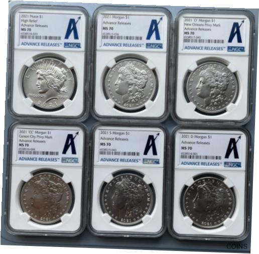 【極美品/品質保証書付】 アンティークコイン 銀貨 2021 $1 Morgan and Peace Silver Dollar 6pc Set NGC MS70 Advance Releases Label [送料無料] #sot-wr-012168-2389