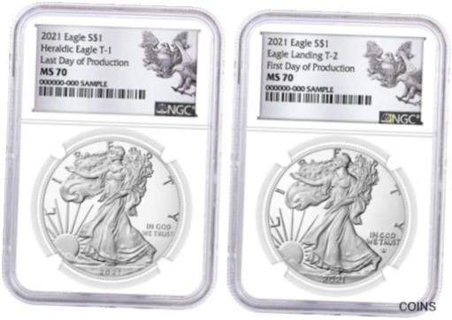  アンティークコイン コイン 金貨 銀貨  2021 $1 Silver Eagle Type 1 Last Day Type 2 First Day 2 Coin Set NGC MS70